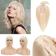 Clip in Hair Toppers with Bangs Straight Hair Human Hair Crown Hairpieces for Hair Loss Thin Hair Cover Gray Hair 10 Inch Dark Blonde&Bleach Blonde #18P613