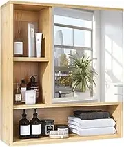 medla Bathroom Cabinet with Mirror: Bamboo Medicine Cabinet Wall Mounted Over Toilet Storage Mirrored Cabinet with One Door and Adjustable Shelf