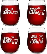 Llama Funny Stemless Wine Glass Set- 4 Pack of Glasses- No Drama Llama, Not My Prob-Llama, She’s A Bad Mama Llama, Less Drama More Llama- Novelty Wine Glasses with Cute Sayings for Women- Made in USA
