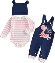 [Geagodelia] Baby Girl Clothes Set Toddler Girls Overall Outfits Long Sleeve Striped Romper Giraffe Suspender Pants Hat