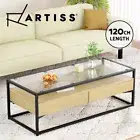 Artiss Coffee Table Square Glass Tabletop End Table 2 Drawers Storage Shelf Pine