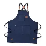 Canvas Cross Back Chef Cotton Aprons for Men Women with Large Pockets Blue