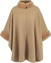 [generic] Vintage Loose Fit Ponchos Capes Coat with Furry Collar Cuffs for Women Winter Open Front Baggy Cloak Cardigan Shawl