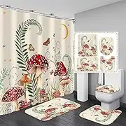 4PCS Mushroom Butterfly Flower Bathroom Shower Curtain Set with Rugs, Toilet Lid Cover and Bath Mat, Moon Stars Shower Curtain with 12 Hooks, Durable Retro Bathroom Decor Set