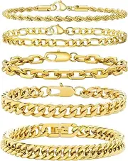 [Tomovely] 5 Pcs Chain Bracelet for Men Women - Sturdy Stainless Steel Curb Width Cuban Link Chain Bracelet Set for Men Women,7.4/8.2/9 Inches