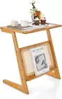 Rattan Side Table, Z-Shaped End Table with Magazine Rack, Bamboo Sofa Side Accen