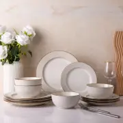 Ceramic Dinnerware Sets,12 Pcs Embossed Elegant Stoneware Plates and Bowls Sets,
