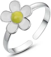 [Dtja] Enamel Daisy 925 Sterling Silver Adjustable Wrap Ring for Women Girls Cute Adjustable Expandable Wedding Flower Statement Open Band Finger Rings Comfort Fit Promise Birthday Mother's Day Jewelry Gift,