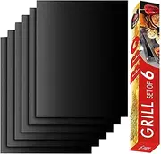Grill Mat Set of 6-100% Non-Stick BBQ Grill Mats, Heavy Duty, Reusable, and Easy to Clean - Works on Electric Grill Gas Charcoal BBQ - Extended - 15.75 x 13-Inch, Black