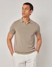 Hawes & Curtis Taupe Open Collar Knitted Cotton Polo Shirt | Short Sleeve Size: XXL