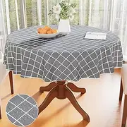 Spotjoy Round Table Cloth, Waterproof Vinyl Tablecloths with Flannel Backing, Wipeable Plastic Plaid Table Cover for Dining, Picnic, Indoor and Outdoor (60" Round, Grey)