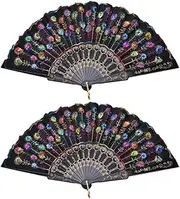 Winture Spanish Folding Hand Fan, Flower Dancing Fans,Summer Handheld Folding Fans Party Favors for Girls Women (Multicolor,2PCS)