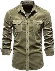 [JEShifangjiusu] Mens Corduroy Patchwork Long Sleeve Fall Lightweight Lapel Collar Jacket Casual Button Down Shirt Shacket