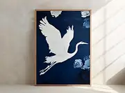 Flying Crane Japandi Style Print Navy White Bird Image Elegant Gallery Wall Art Vintage Japanese Style Artwork 21