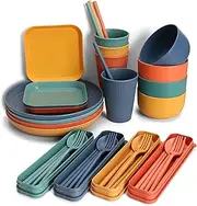 EazyBreezy 40 Pcs Unbreakable Dinnerware Set Plastic Tableware Sets Lightweight Camping Serving Plate and Bowl for 4 People - Colorful Plates, Bowls, Cups, Straws, Cutlery Set for Picnic Party BBQ