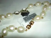 Vintage GIVENCHY Bezeled Crystal Faux Baroque Pearl 24" Necklace New with Bag