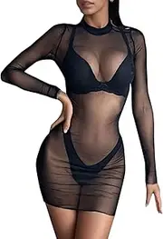 [Herbst] Sexy Dress Women's Transparent Mesh Beach Dress Bikini Cover Up Transparent Blouse Dress Summer Top Beachwear Black Dress Mini Skirt with Long Sleeves, Black, One Size