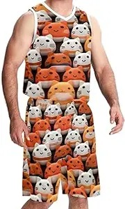 [KQNZT] Basketball Jersey with Shorts, Jersey Shorts Outfit Set, Men's Athletic Basketball Jersey, Many Cats Cartoon Animals