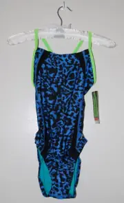 NWT Speedo Women's Blue Digi Cheetah Print Flyback Eco ProLT 1-Pc Swimsuit sz 4
