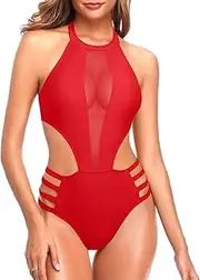 [Tempt Me] Women One Piece Sexy Mesh Swimsuit High Neck Halter Cutout Monokini Swimwear