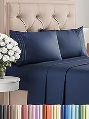 4 Piece Bed Sheet Queen Size Set, Flat Sheet, Fitted Sheet and 2 Pillowcases – Wrinkle Free, Soft Microfiber Sheets with Deep Pockets for Mattresses up to 35cm, Oeko-TEX Certified - Navy Blue