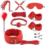 Bondage Set 10 Pcs BDSM Set for Couples Restraints Hand Cuffs Collar with Leash Nipple Clamps Fetish Whip Blindfold Ball Gag (Red)