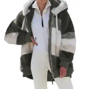 Nevenka Womens Warm Plush Hooded Cardigan Full Zip Colorblock Jacket-Army Green