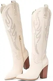 [Celbreez] Suede Knee High Boots for Women Rhinestones Embroidered Cowboy Boots Pointed Toe Chunky Heel Cowgirl Boots Side Zip Pull-On Western Boots