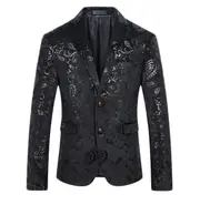 Allthemen Mens Luxury Paisley Suit Jacket Gold Shiny Slim Fit Button Down Blazer Black M