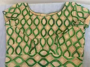 New Women Boatneck Net Lined Saree Sari Blouse Green Beige Back Open Small