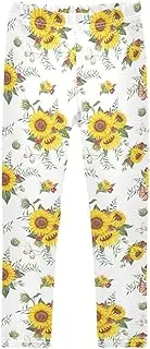 [Joisal] Floral Sunflower White Girls Leggings, Flexible for Girls Activewear Leggings, 4-10T