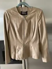 Badgley Mischka Womens Genuine Leather Peplum Jacket Beige Full Zip Small NWT
