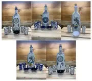 Ceramic Stoneware Native Peacock Design Liquor Tequila Set Decanter Shot Glasses