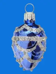 BLUE SILVER FABERGE INSPIRED EGG BLOWN GLASS CHRISTMAS TREE ORNAMENT PEARL