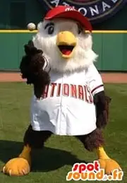 SpotSound Amazon mascot big brown and white bird in baseball outfit