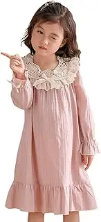 [WX-ICZY] Pure Cotton Comfortable Nightdress for Girls, Sweet Lovely Long-Sleeved Thin Lace Long-Sleeved Princess Nightdress Children's Home Service Indoor Mid-Length Nightdress,16