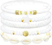 [Tomovely] 5 Pieces Beaded Bracelets, White Pink Preppy Bracelets Conch Shell Preppy Bracelet Boho Multi-Layer Beaded Crystal Bracelets, Bohemian Stackable Bead Bracelet Set Jewelry for Women