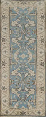 Light Blue/ Ivory Oushak Indian Narrow Runner Rug 2x8 Wool Handmade Hallway Rug