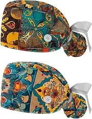 [YTYVAGT] 2-Pc,Nurse Scrub Caps,Scrub Hats with Buttons and Cotton Sweatband,Colorful Bohemian Floral Ethnic