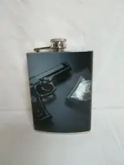 Police Gun and Badge Thin Blue Line Stainless Steel 8oz. Hip Flask FB17P6B