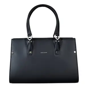 【LONGCHAMP】 PARIS PREMIER系列燙銀LOGO小牛皮拉鍊手提包(小/黑)#新春精品