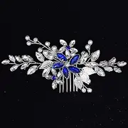 Wedding Hair Accessories, Hair Pieces Comb for Brides Bridal Silver Vintage Headpiece Comb Hair Clip Barrette Decorations Handmade Blue Sapphire Rhinestone Crystal for Women Girls Bridesmaid