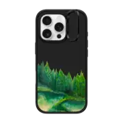 iPhone 16 Pro Impact Ring Stand Case MagSafe Compatible WOODLAND RETREAT 4, FOREST TREES GREEN AQUA TEAL NATURE MOUNTAINS PAINTING