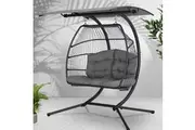 Gardeon Outdoor Egg Swing Chair Wicker Furniture Pod Stand Canopy 2 Seater Grey