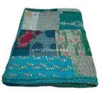 Patchwork King Size Quilt Khambadiya Decorative Cotton Kantha Turquoise Blanket