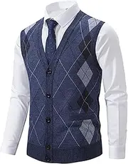 [SWJGLITTR] Men’s Knitted Sleeveless Cardigans Wool Blend Big and Tall Sleeveless Vest Lightweight Thermal Cardigan Vests, Blue, Large