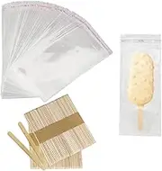 300 Pieces Popsicle Sticks and Bags Set Popsicle Wrappers Self Seal Plastic Popsicle Bags Ice Cream Bags Wrapper with Popsicle Sticks Wooden