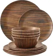 [TP] 12-Piece Dinnerware Set, Melamine Dishes Set with Bowls and Plates, Non-breakable Lightweight Dinner Service for 4, Wood Grain