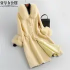 Women Real Fox Fur Collar 100% Wool Lamb Shearling Mid Long Coat Overcoat Button