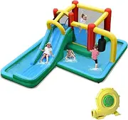 HONEY JOY Inflatable Water Slide, 6-in-1 Kids Water Slide Jumping Bounce House, Inflatable Pool with Slide, Climbing Wall, Tunnel, Pendulum, Blow up Water Slides for Backyard (with 680W Air Blower)